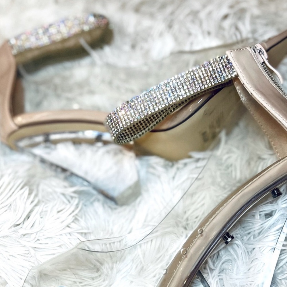 UNIQUE NUDE GLAM RHINESTONE LUCITE HEELS - Picture 7 of 9